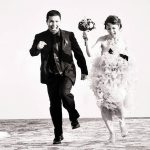artistic wedding photography in cozumel groom running love couple