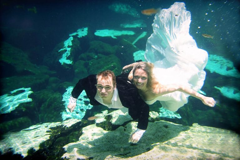 diving couple cenote trash the dress cozumel photography